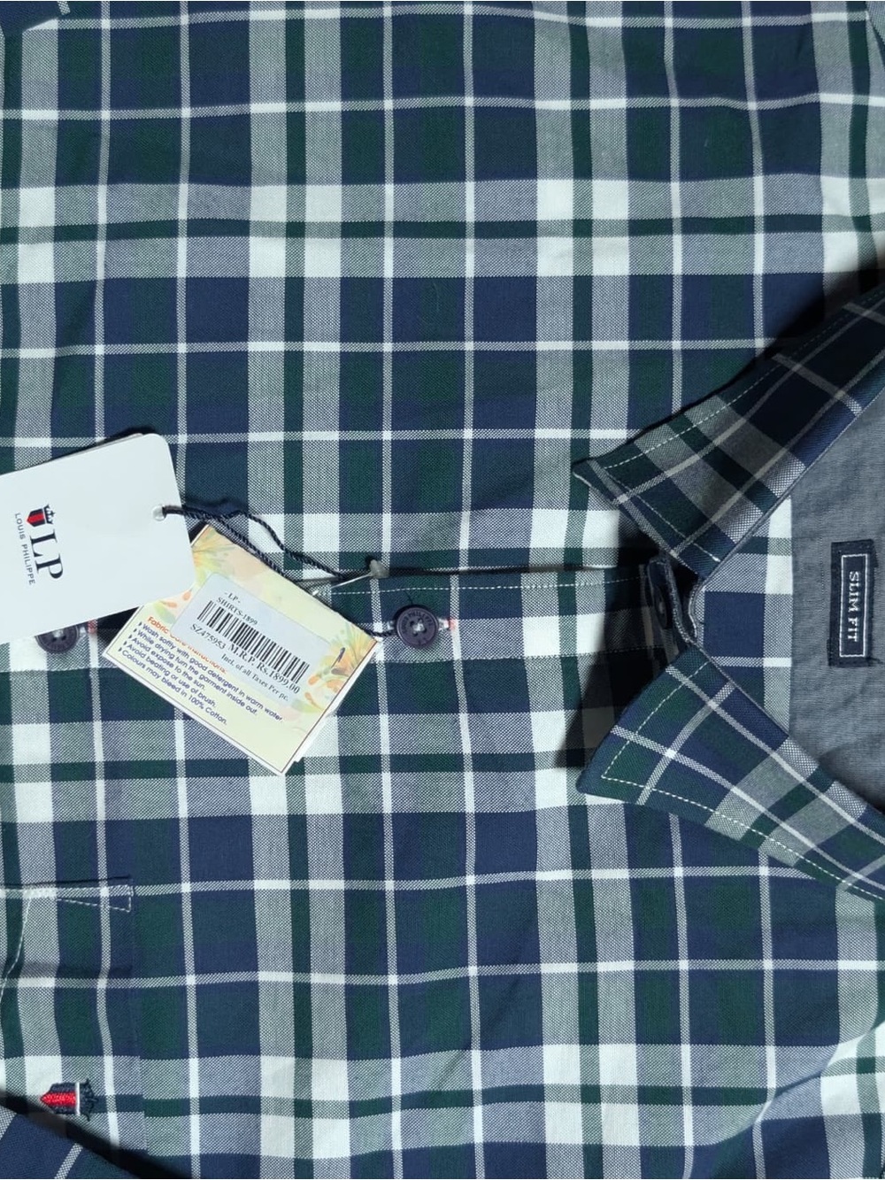 Louis Philippe Slim Fit Navy and Green Plaid Button-Down Shirt